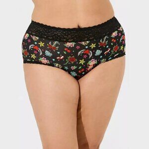 Torrid - Shine Microfiber Wide Lace Brief Panty in Star Girl Tattoo Rich Black‌